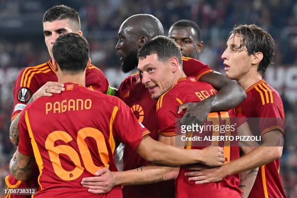 Roma's Italian forward Andrea Belotti celebrates with teammates after he scored the second goal for his team during the UEFA Europa League 1st round...