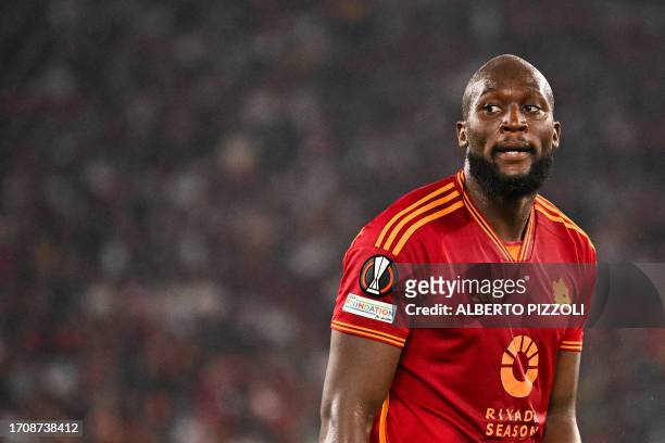 Roma's Belgian forward Romelu Lukaku looks on during the UEFA Europa League 1st round day 2 Group G football match between AS Roma and Servette FC at...