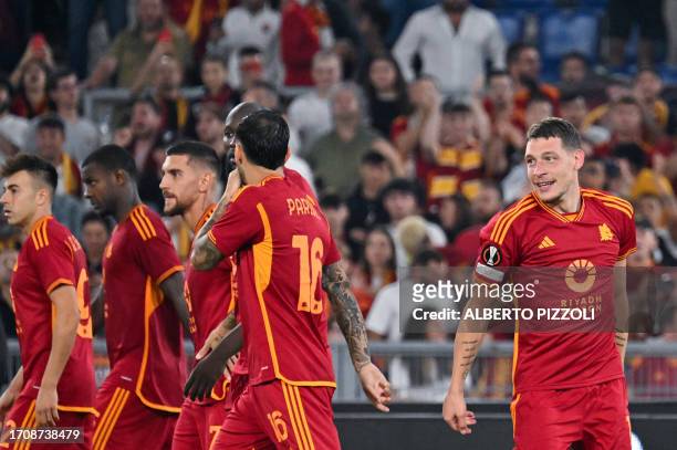 Roma's Italian forward Andrea Belotti celebrates with teammates after he scored the second goal for his team during the UEFA Europa League 1st round...