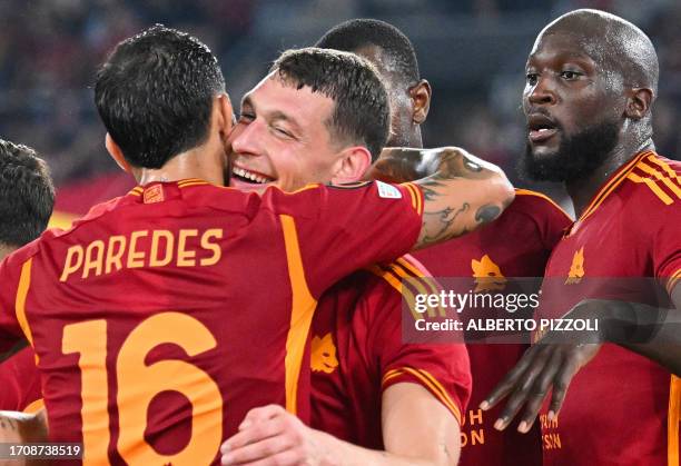 Roma's Italian forward Andrea Belotti celebrates with teammates after he scored the second goal for his team during the UEFA Europa League 1st round...