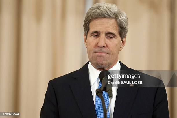 Secretary of State John Kerry speaks during an event releasing the Annual Trafficking in Persons Report Report at the State Department in Washington,...