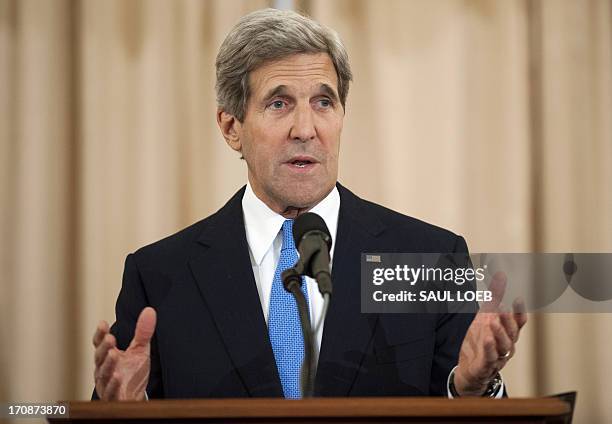 Secretary of State John Kerry speaks during an event releasing the Annual Trafficking in Persons Report Report at the State Department in Washington,...