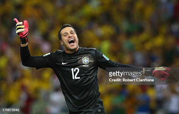 Julio Cesar of Brazil celebrates during the FIFA Confederations Cup Brazil 2013 Group A match between Brazil and Mexico at Castelao on June 19, 2013...