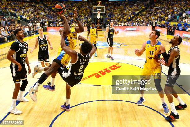 Josh Nebo, #32 of Maccabi Playtika Tel Aviv in action during the 2023-24 Turkish Airlines EuroLeague Regular Season Round 1 game between Maccabi...