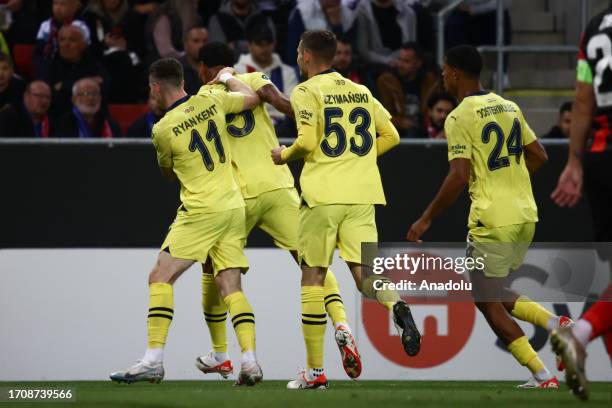 Joshua King of Fenerbahce celebrates with his teammates after scoring a goal during the UEFA Conference League Group H match between Spartak Trnava...