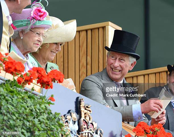 Queen Elizabeth II with Prince Charles, Prince of Wales and Camilla, Duchess of Cornwall attend Day 2 of Royal Ascot at Ascot Racecourse on June 19,...