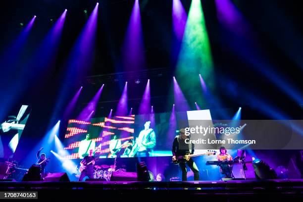 Phil Cunningham, Bernard Sumner, Stephen Morris, Tom Chapman and Gillian Gilbert of New Order perform at The O2 Arena on September 29, 2023 in...