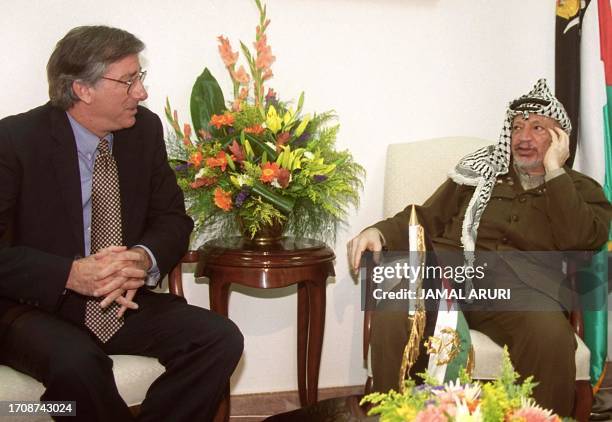 Mideast envoy Dennis Ross meets with Palestinian leader Yasser Arafat 05 December 1999 in Gaza City, where Palestinian and Israeli negotiators failed...