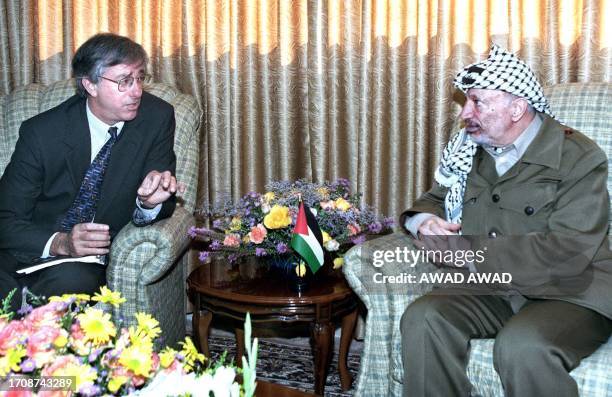 Peace envoy Dennis Ross meets Palestinian leader Yasser Arafat in the West bank town of Nablus 14 November. Ross, who also met Israeli Prime Minister...