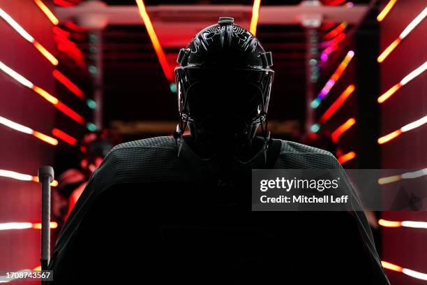 Carter Hart of the Philadelphia Flyers looks on prior to the start of the preseason game against the New York Islanders at the Wells Fargo Center on...