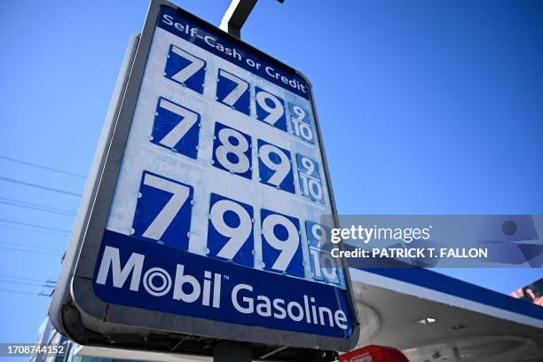 Sign shows gasoline fuel prices above average at over seven and approaching eight dollars a gallon at a Mobil gas station in Los Angeles, California,...