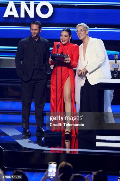 Pictured: Christopher Von Uckermann, Maite Perroni, Christian Chávez on stage at the Watsco Center in Coral Gables, FL on October 5, 2023 -- via...