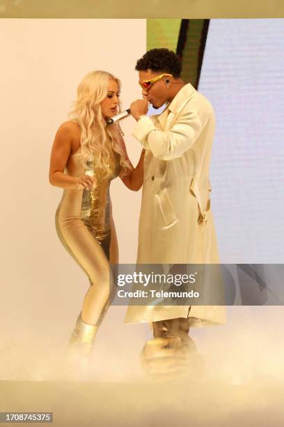 Pictured: Myke Towers on stage at the Watsco Center in Coral Gables, FL on October 5, 2023 -- via Getty Images)