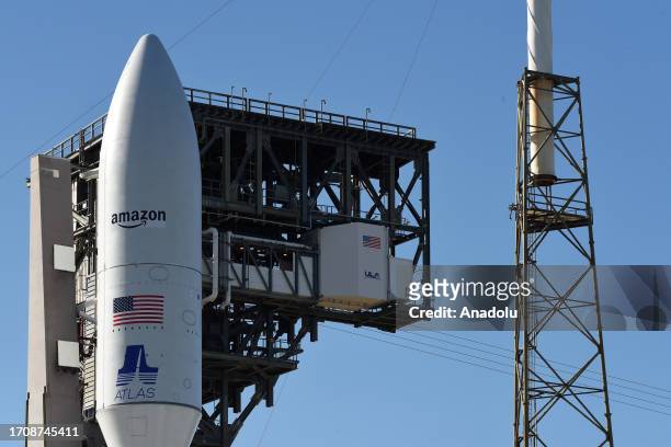 United Launch Alliance Atlas V rocket carrying the first two demonstration satellites for Amazon's Project Kuiper broadband internet constellation...