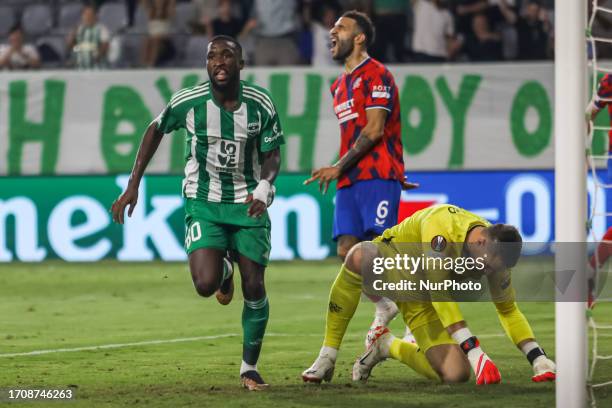 Shavy Babicka of Aris scores the second goal for Aris Limassol, Limassol, CYPRUS, on Oct. 5, 2023. Aris Limassol and Rangers FC play during the UEFA...