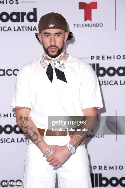 Pictured: Bad Bunny arriving to the Watsco Center in Coral Gables, FL on October 5, 2023 -- via Getty Images)