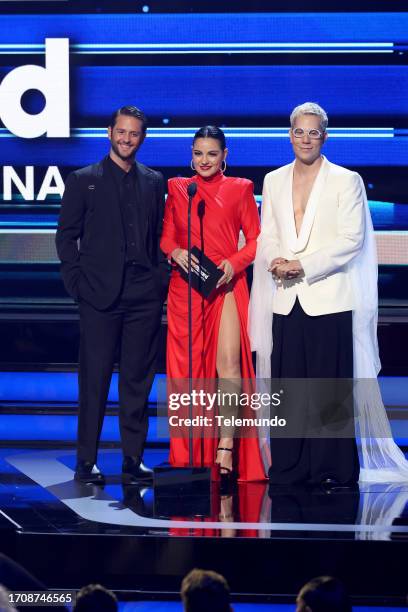 Pictured: Christopher Von Uckermann, Maite Perroni, Christian Chávez on stage at the Watsco Center in Coral Gables, FL on October 5, 2023 -- via...
