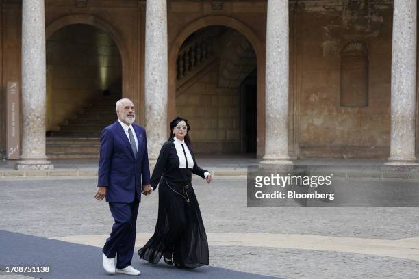 Edi Rama, Albania's prime minister, left, and his wife Linda Rama, arrive at the Carlos V palace at the Alhambra in Granada, Spain, on Thursday, Oct....