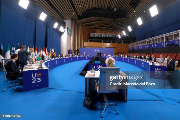 President of the European Commission Ursula von der Leyen sits at the head of the EU-27 Member State Heads informal meeting at the Palacio de...