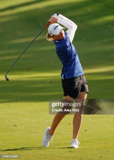 Stacy Lewis of the United States plays a shot on the second hole during the first round of the Walmart NW Arkansas Championship presented by P&G at...