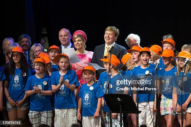 King Willem-Alexander of The Netherlands and Queen Maxima of The Netherlands sing with a choir before officially kicking off celebrations for the...