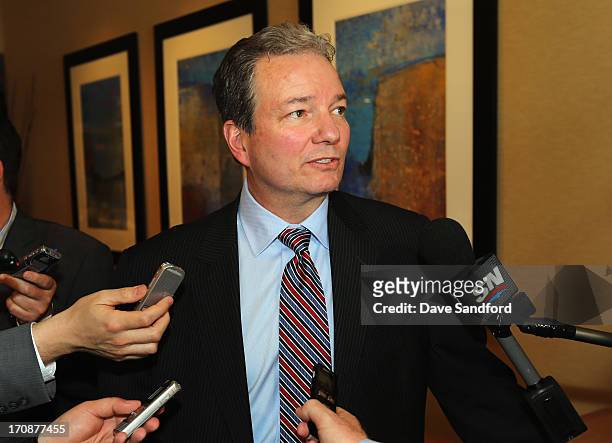 General manager Ray Shero of the Pittsburgh Penguins speaks to the media after the general manager's meeting at the Hyatt Boston Harbor before Game...