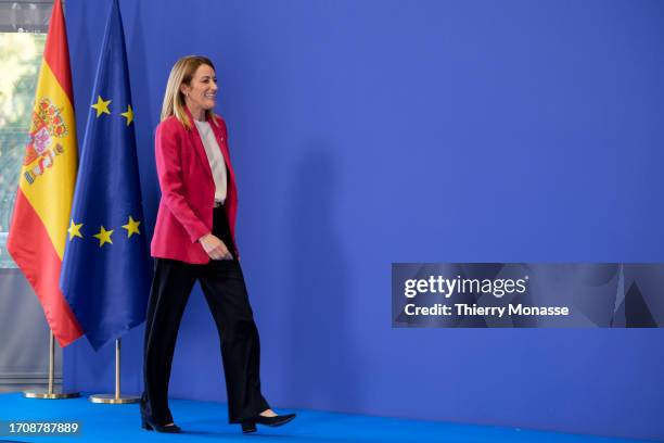 President of the European Parliament Roberta Metsola is welcome by the Spanish President of the government prior the start of an EU Informal meeting...