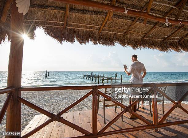 man relaxes against beach palapa, uses tablet - strohgedeckte strandhütte stock-fotos und bilder