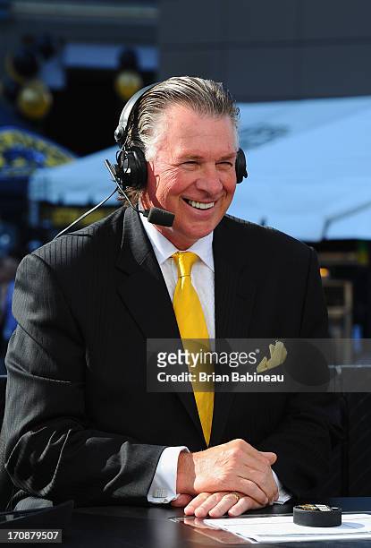 Network analyst Barry Melrose sits on the panel to discuss Game Four of the 2013 Stanley Cup Final between the Chicago Blackhawks and the Boston...