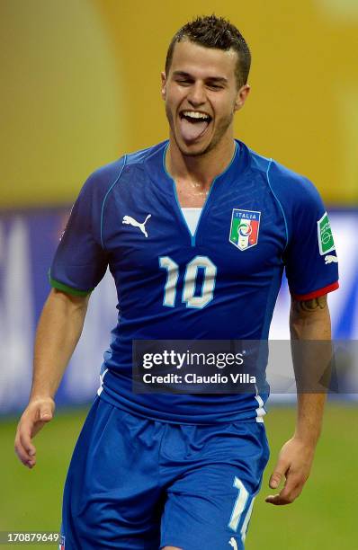 Sebastian Giovinco of Italy celebrates after scoring his team's fourth goal during the FIFA Confederations Cup Brazil 2013 Group A match between...