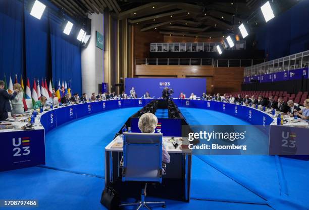 Ursula von der Leyen, president of the European Commission, center, at an informal meeting of European Union leaders in Granada, Spain, on Friday,...