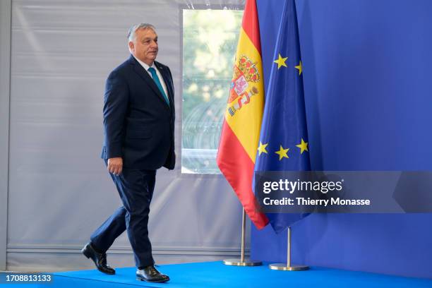 Hungarian Prime Minister Viktor Mihaly Orban is welcome by the Spanish President of the government prior the start of an EU Informal meeting on...