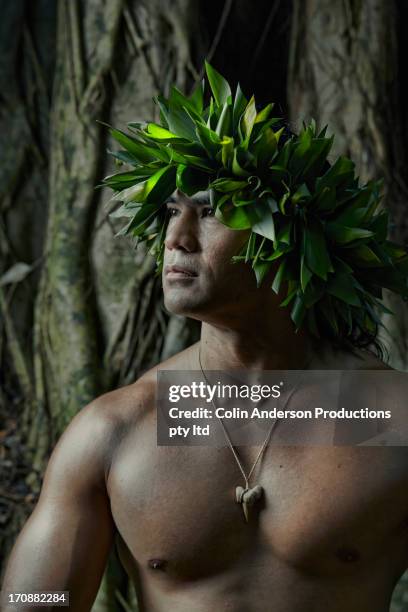 hawaiian man in traditional headgear - coroa enfeites para a cabeça - fotografias e filmes do acervo