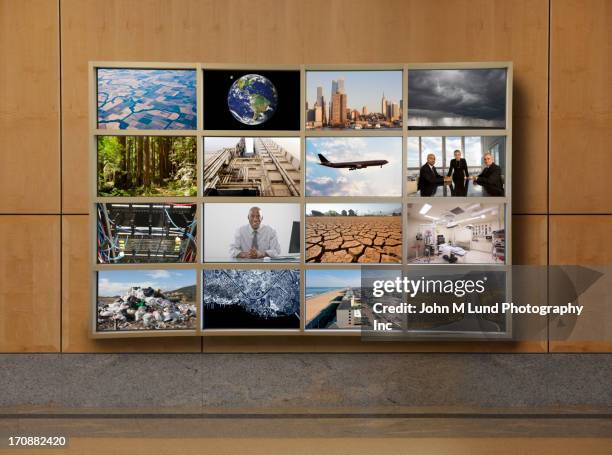 collage of skyscrapers, nature and business people in office - video wall fotografías e imágenes de stock