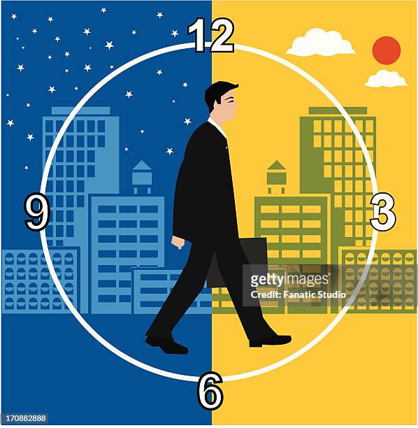 businessman walking from night into day - 24 hrs stock illustrations