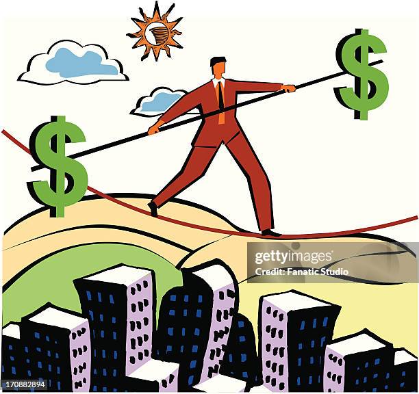 businessman walking on a tightrope with a pole with dollar signs on ends - shank 幅插畫檔、美工圖案、卡通及圖標