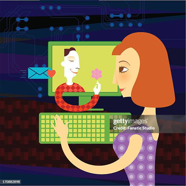 woman online dating with her boyfriend - brunette girlfriend stock illustrations