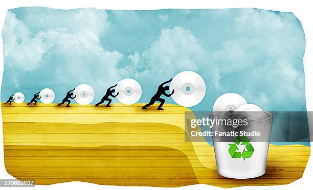 five people throwing cd to garbage bin - fritter stock illustrations