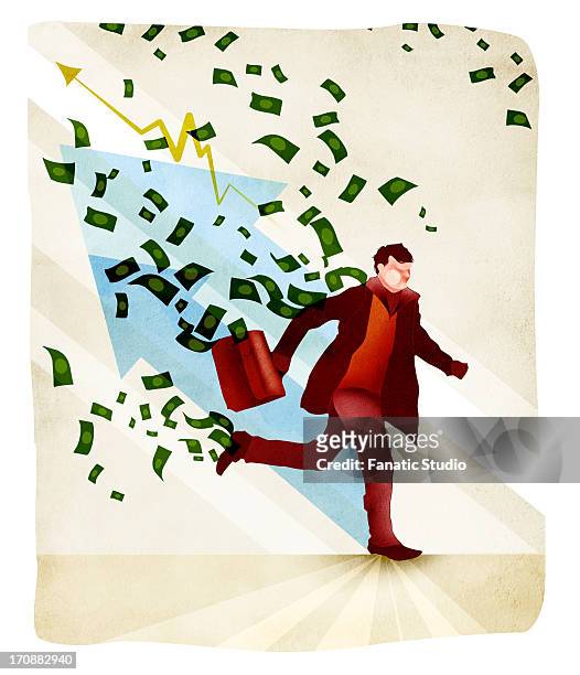 businessman holding briefcase and running - pennies from heaven stock illustrations