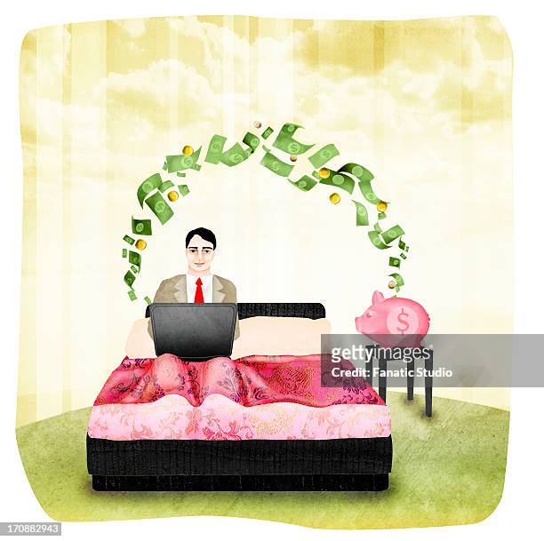 businessman working on a laptop on the bed - organisieren stock illustrations