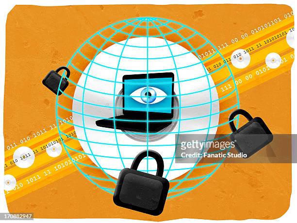 ilustraciones, imágenes clip art, dibujos animados e iconos de stock de laptop locked with padlock - abrochar con el cinturón