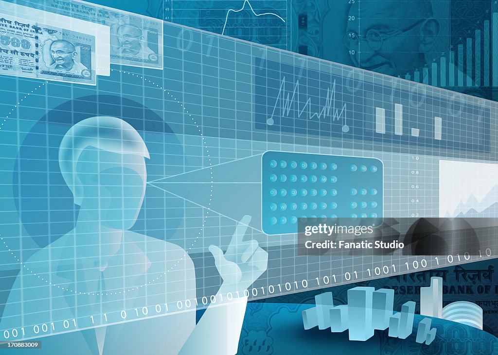 Businessman using virtual touch screen for online trading