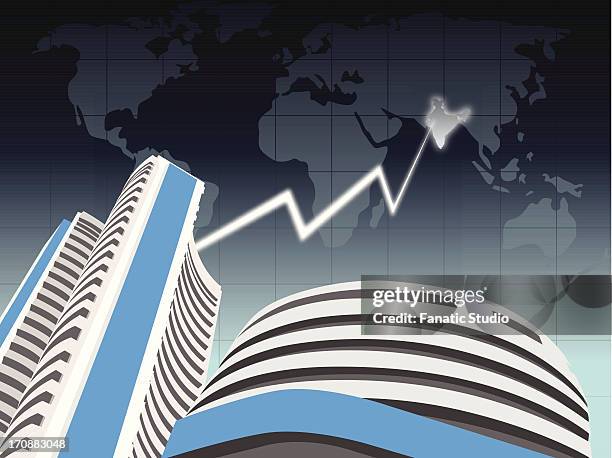 stockillustraties, clipart, cartoons en iconen met thunderbolt striking over a stock exchange building, bombay stock exchange, mumbai, maharashtra, india - bullmarkt