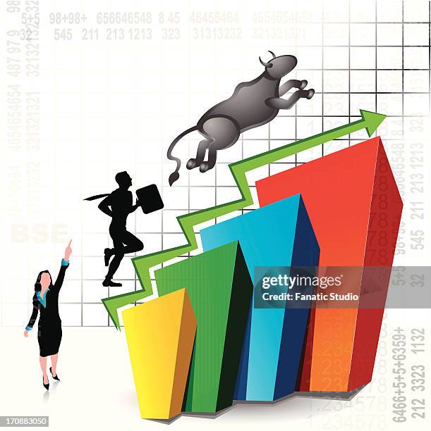 ilustrações de stock, clip art, desenhos animados e ícones de illustrative representation showing rise in stock market - woman in studio