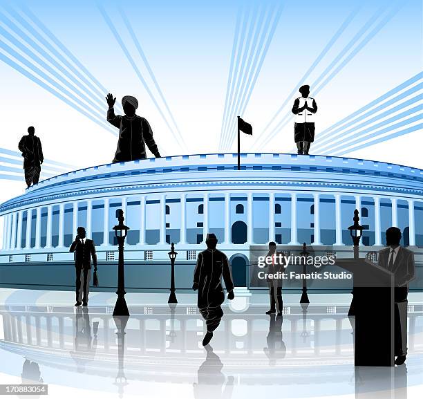 political leaders around a government building, sansad bhawan, new delhi, india - politician stock illustrations