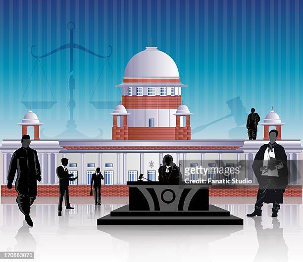 ilustraciones, imágenes clip art, dibujos animados e iconos de stock de people in front of a courthouse, supreme court, new delhi, india - pórtico