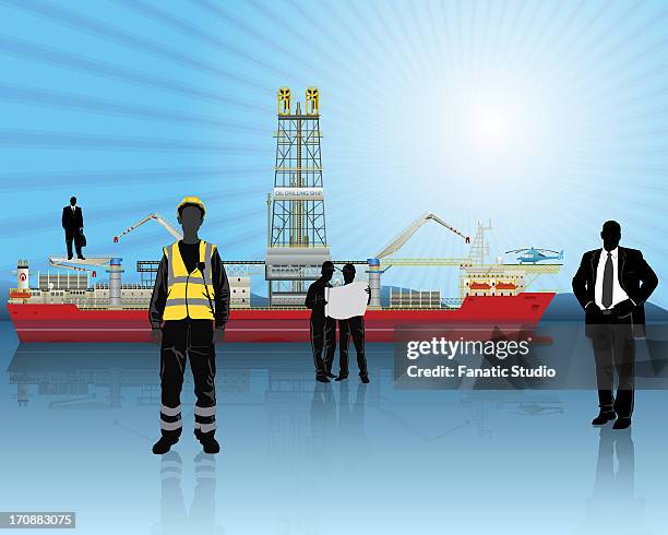 illustrative representation of oil refinery, india - oil workers talking stock illustrations
