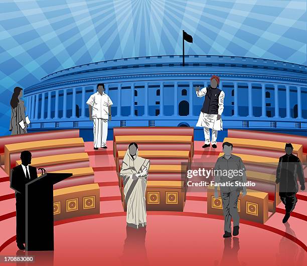 ilustrações de stock, clip art, desenhos animados e ícones de politicians in front of a parliament house, sansad bhawan, new delhi, india - nova deli