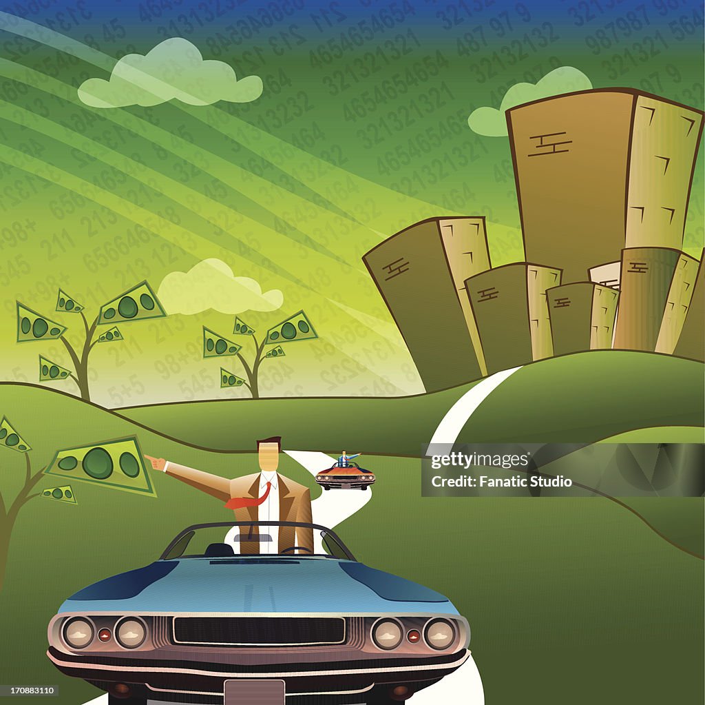 Businessman traveling in a car and pointing sideways