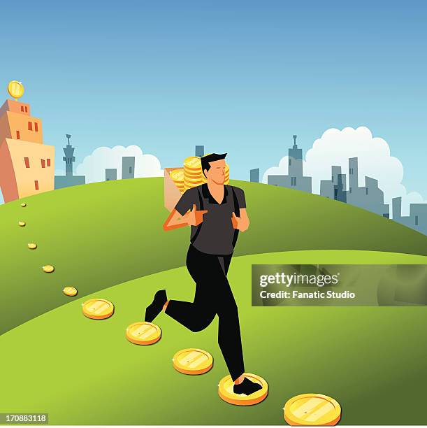 ilustraciones, imágenes clip art, dibujos animados e iconos de stock de man running with a bag of coins on his back - pasadera